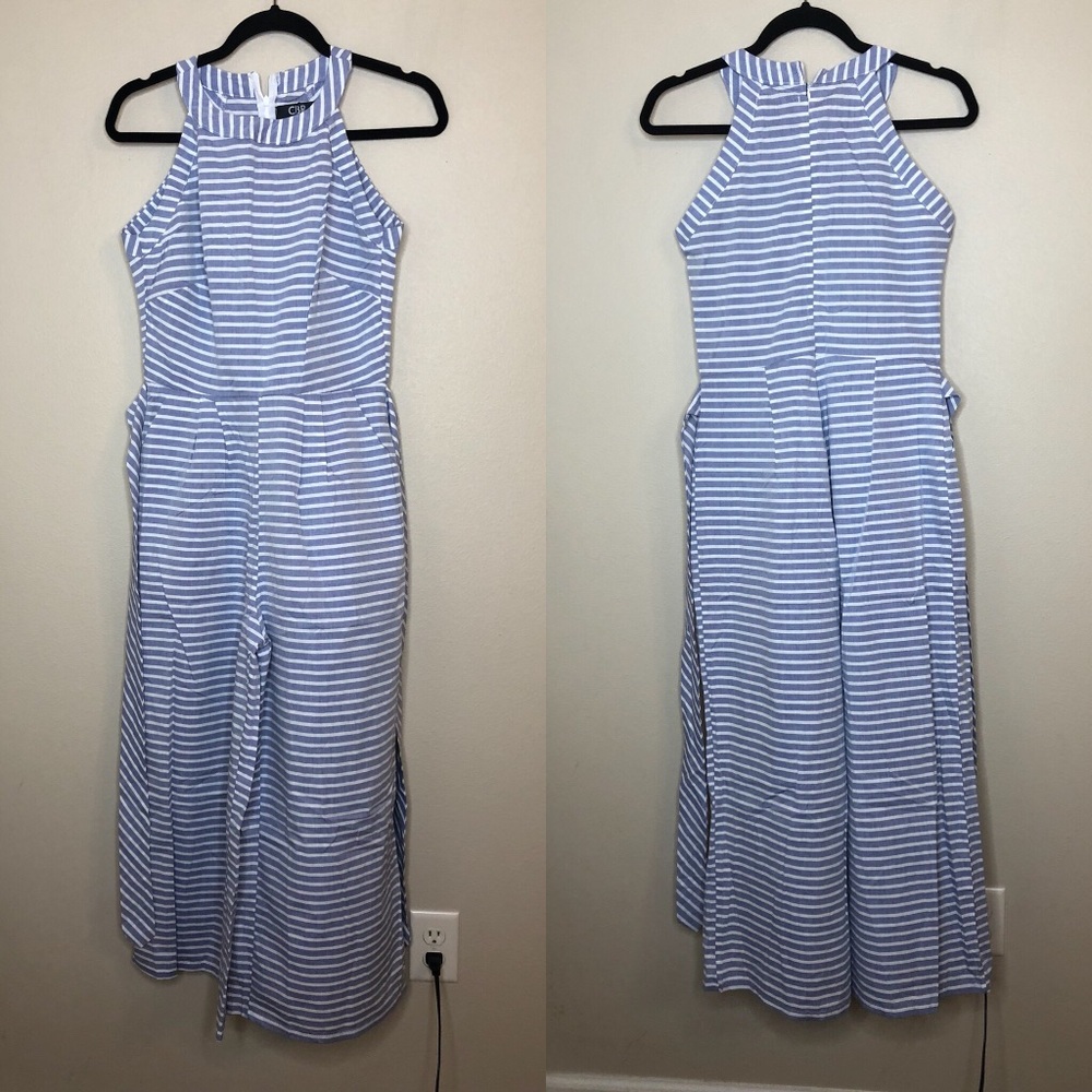 Blue stripe tie waist romper